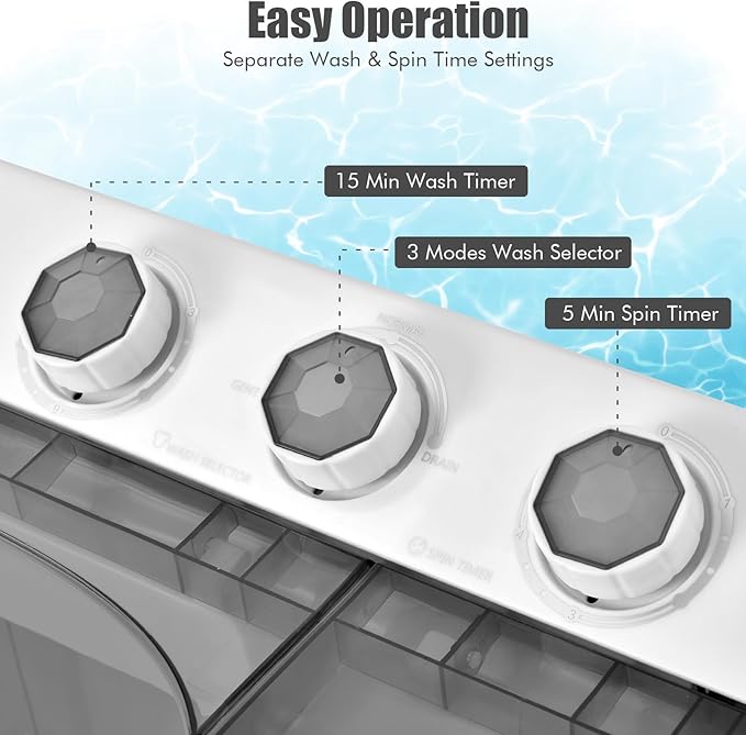 COSTWAY Portable Washing Machine, 2-in-1 Twin Tub 26lbs Capacity Laundry Washer(18lbs) and Spinner(8lbs) with Control Knobs, Timer Function, Drain Pump, Perfect for Home Apartment RV, Grey