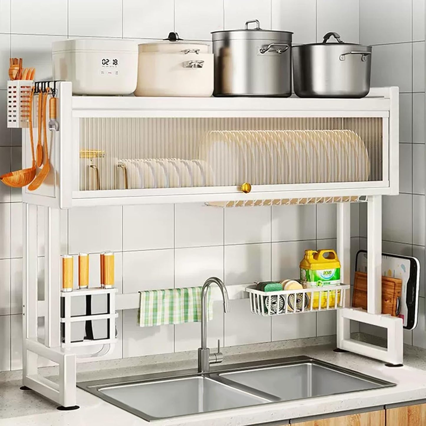 Milkshake White 3 Tier Over Sink Dish Rack Drainer with Cover - Space-Saving Organized Drying Rack for Dishes, Glasses, Bowls, Cutlery