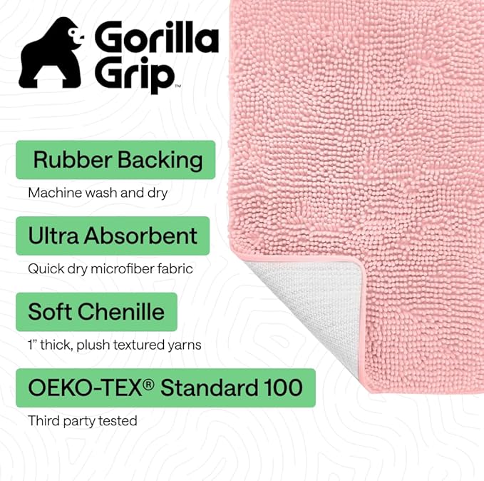 GORILLA GRIP Bath Rug Mat 30x20, Thick Soft Absorbent Chenille, Quick Dry Microfiber Mats, Rubber Backing Washable Shower Floor Rugs, US Designed Bathroom Bathmat Home Decor Accessories, Light Pink