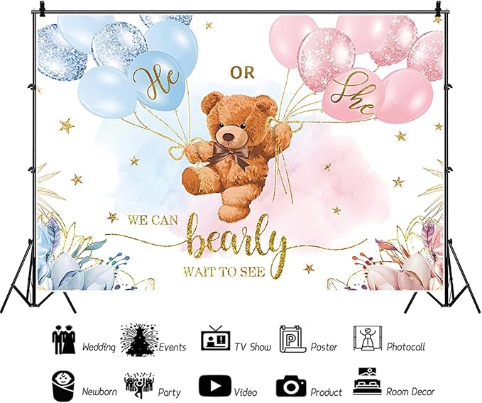 9x6ft Gender Reveal Backdrop Baby Bear Boy or Girl Photography Background Baby Shower Party Blue and Pink Banner Decorations Supplies Photo Booth Props