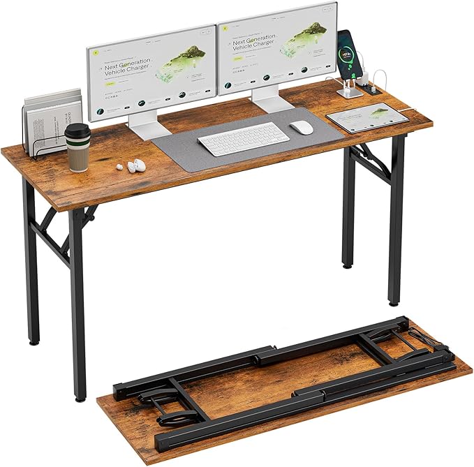 TEMI Long Computer Desk Folding Table - No Assembly, Compact 55" Foldable Desk with Power Outlets & USB Charging Port, Portable Lagre Office Desk, Ideal Large Study Table for Narrow Spaces, Brown