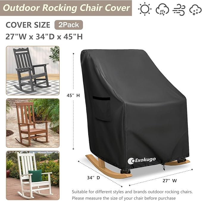 Rocking Chair Cover 2 Pack 600D Heavy Duty Waterproof - Patio Furniture Covers for Outdoor Rocking Chairs - All Weather Protection 27x34x45 Inches Black