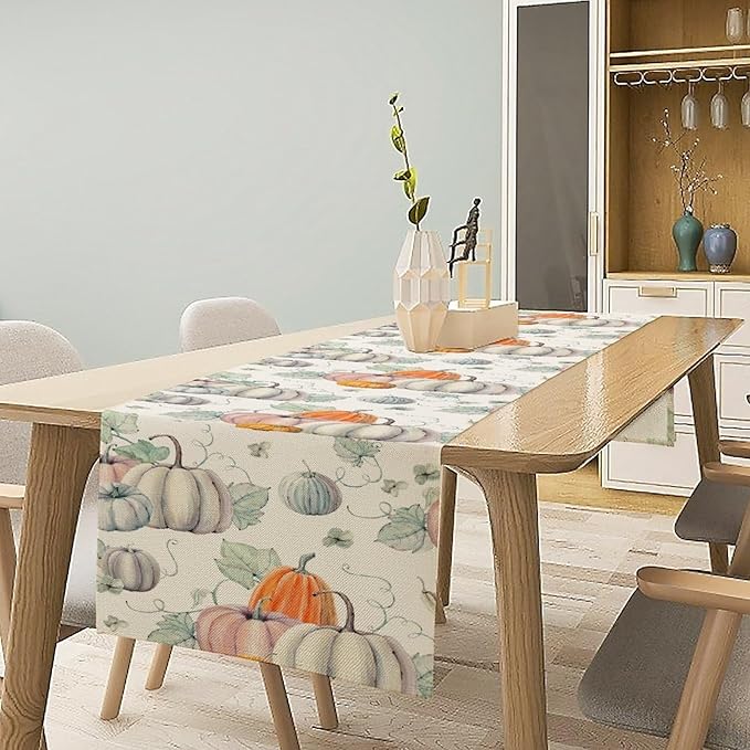 Fall Pumpkin Table Runner Vintage Leaves Plant Motifs Thanksgiving Theme Watercolor Illustration Home Decor for Farmhouse Indoor Outdoor Party Holiday Dining Kitchen Restaurant Cafe W13xL72in