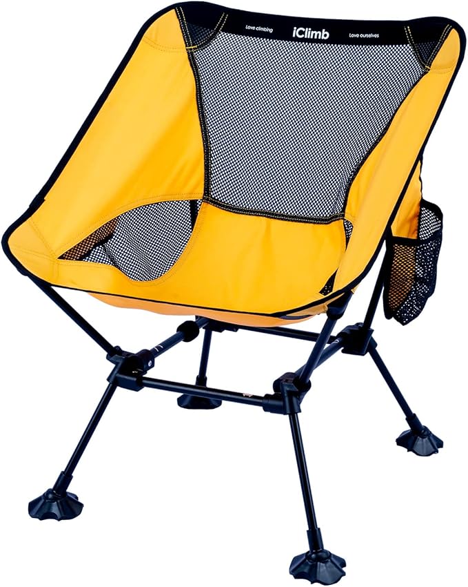 iClimb Ultralight Compact Camping Folding Beach Chair with Anti-Sinking Large Feet and Back Support Webbing (Yellow - Square Frame - 2PC)