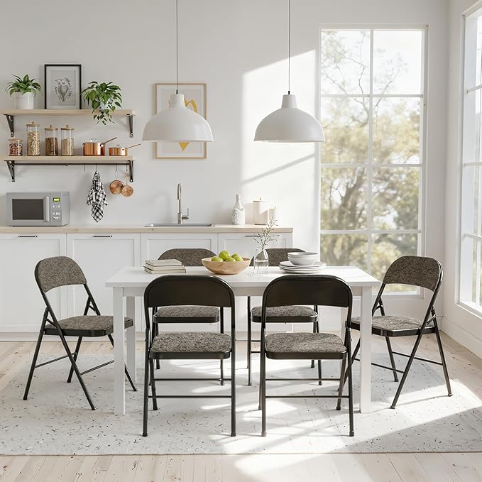 DUMOS 6 Pack Folding Chairs with Padded Cushion and Back - Fabric Stackable Portable Dining Chairs Set, for Home and Office, Conference, Wedding, Party, Patio, Garden, for Indoor Outdoor, Black Grey