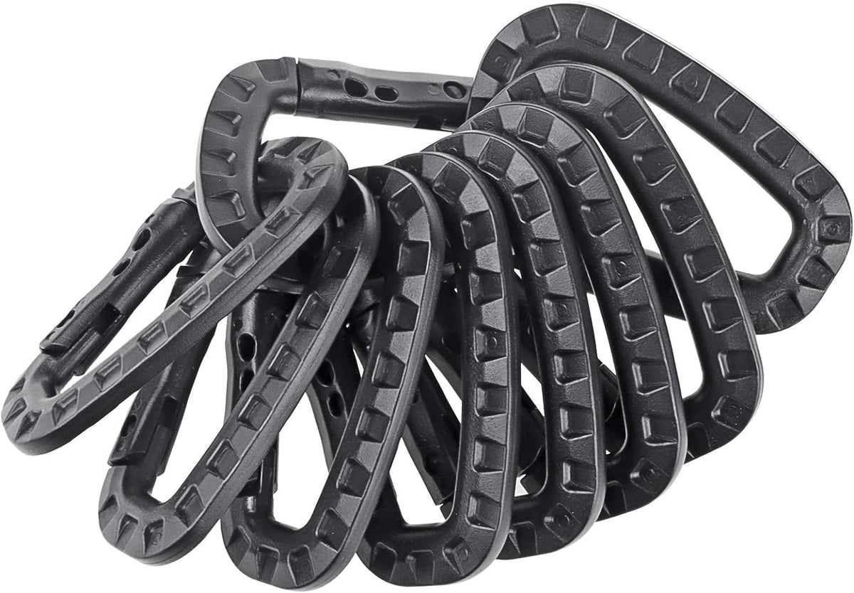 Tactical Carabiner Keychain - 10 Pack Hard Polymer Carabiners D Rings Light Weight Spring Snap Gear Clip Utility Hooks Backpack Hanging Buckle for Outdoor Travelling Camping Hiking Fishing Black