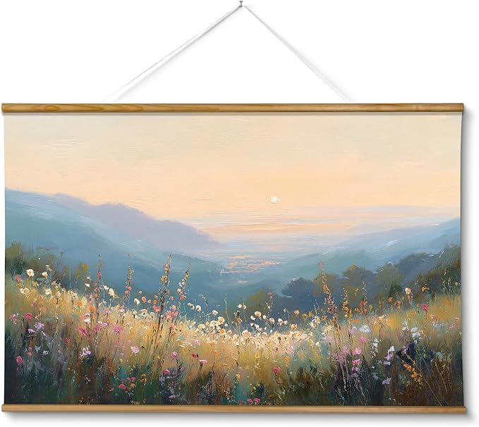 VIYYIEA Extra Large Size Canvas Wall Art, 36x54 Inch Sunset Mountain Valley with Wildflowers Scroll Painting, Oversized Landscape Wall Hanging for Living Room, Bedroom, or Cabin Decor