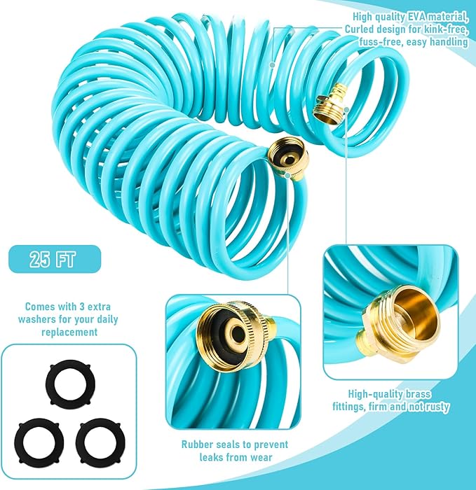 Pangda 25 Ft x 3/8'' Coil Garden Hose EVA Recoil Garden Self Coiling Expanding Water Hose with 6 Function Spray Nozzle Universal 3/4'' Brass Connector Fitting for Outdoor Yard(Blue)