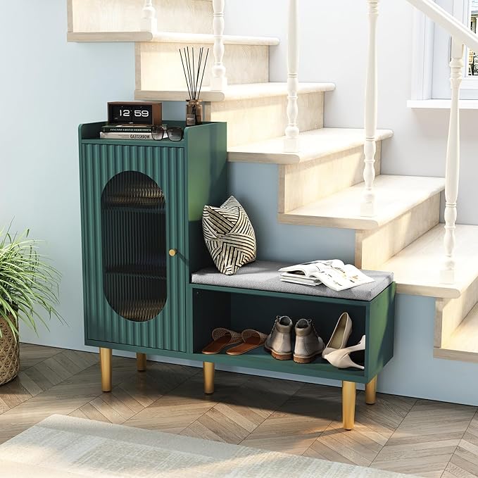 HLR Storage Bench Set of 2, Green Modern Entryway Shoe Cabinet Bench with Glass Door&Shelf, L-Shaped Storage Cabinet with Padded Seat for Hallway, Bedroom, Living Room, Office