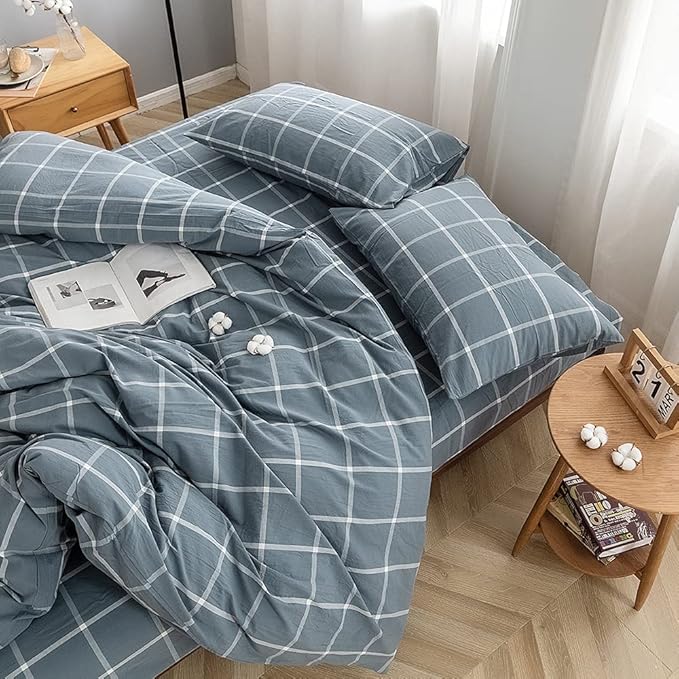 FACE TWO FACE Bedding Duvet Cover Set 3 Pieces 100% Washed Cotton Duvet Cover Linen Like Textured Breathable Durable Soft Comfy (California King, Grey Green Grid)