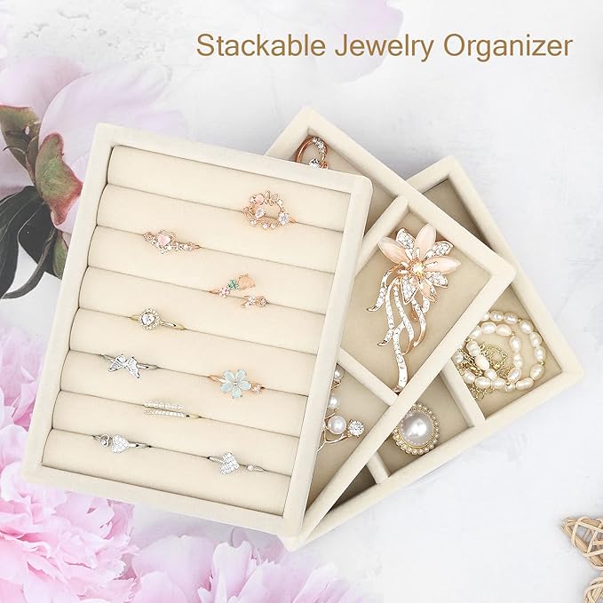 Small Jewelry Tray-Ring Organizer 2PCS Premium Velvet Rings Earrings Display Tray Storage Insert Holder for Jewelry Box, Drawer, Dresser (8 Slots, Beige)