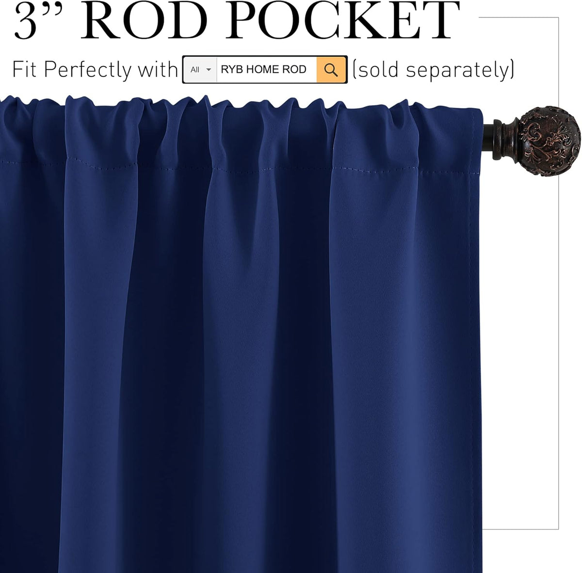 RYB HOME Short Curtains for Living Room Blackout Portable Blinds Shades for Bedroom Bathroom Basement Garage RV Camper Windows, 34 inches Width x 36 inches Length, Marine Blue, 2 Pcs