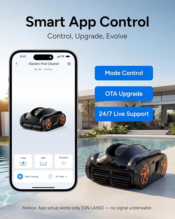 (2025 Upgrade) iGarden Pool Cleaner K25, Cordless Pool Vacuum Robot for Inground & Above Ground Pools, Smart Navigation, 150 Min Runtime, Touchscreen, Self-Parking, Cleans Floor, Wall & Waterline