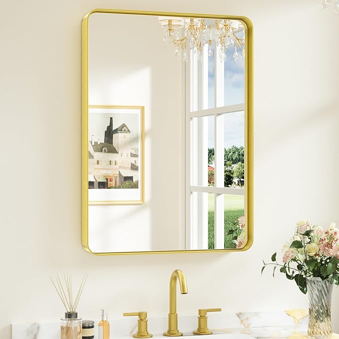 Keonjinn Gold Bathroom Mirrors for Over Sink, 22” x 30” Rounded Rectangle