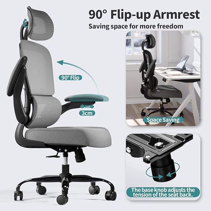 TRALT Office Chair Ergonomic Desk Chair, 330 LBS Home Mesh Office Desk Chairs with Wheels, Comfortable Gaming Chair, High Back Office Chair for Long Hours (Dark Grey)