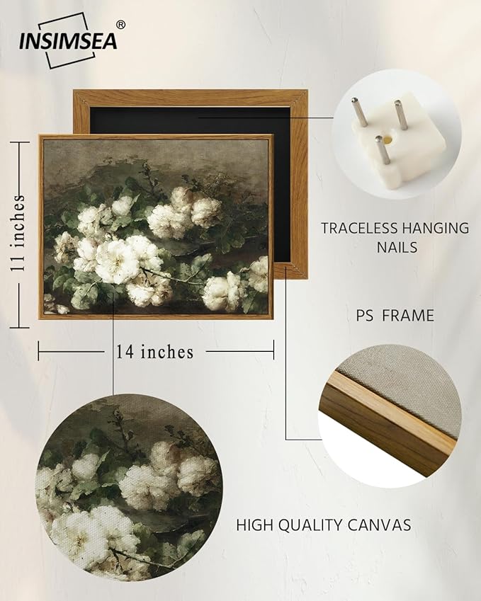 InSimSea Framed Canvas Wall Art Vintage Decor, Flower Prints Wall Art Room Wall Decor, Botanical Prints Wall Art for Living Room Decorations, Rustic ArtWork for Bathroom Bedroom Home Decor, 11"x14"