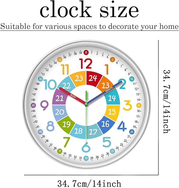 XFM Learning Clock for Kids Silent Non Ticking Battery Operated Colorful