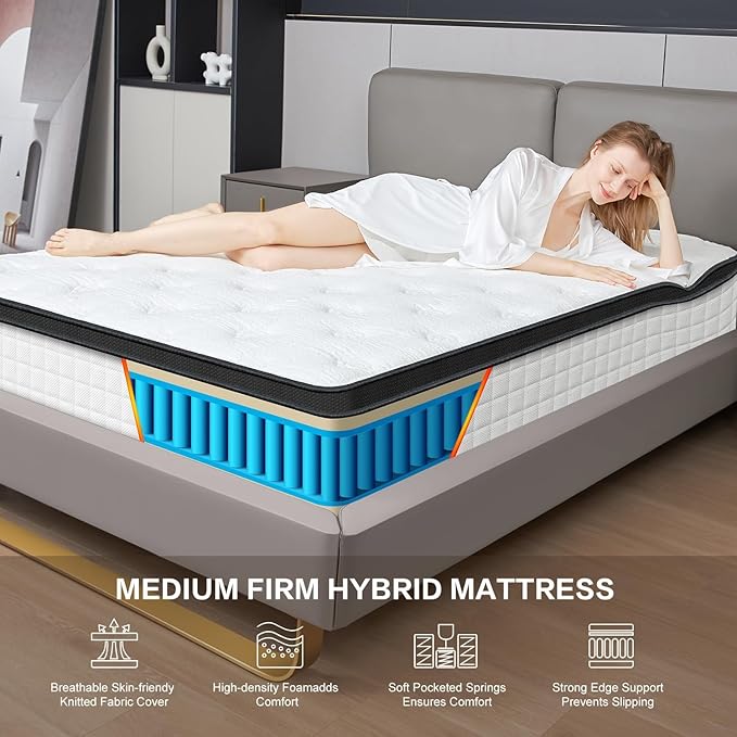 12 Inch White Queen Spring Mattress,Medium Firm with Gel Memory Foam,Individually Pocketed Coil,Fiberglass-Free Fire Retardant CertiPUR-US Certified,80"*60"*12"