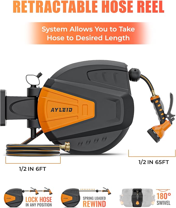 Ayleid Retractable Rubber Hybrid Garden Hose Reel, 1/2"x65ft Wall Mount | Anti-freeze, kink-free premium rubber hybrid hose, 24-month warranty, 9-pattern sprayer, any-length lock, slow auto-return.