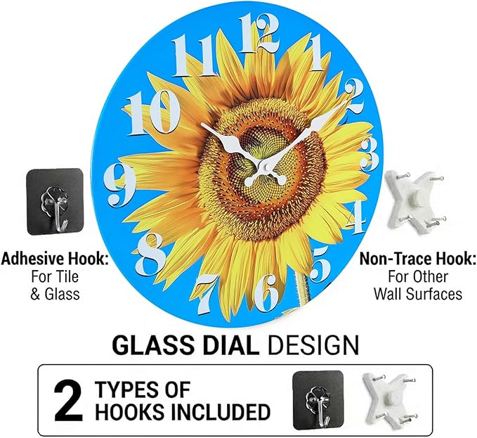 Indoor/Outdoor Clocks Waterproof, Glass Sun Flower Decor Wall Clock