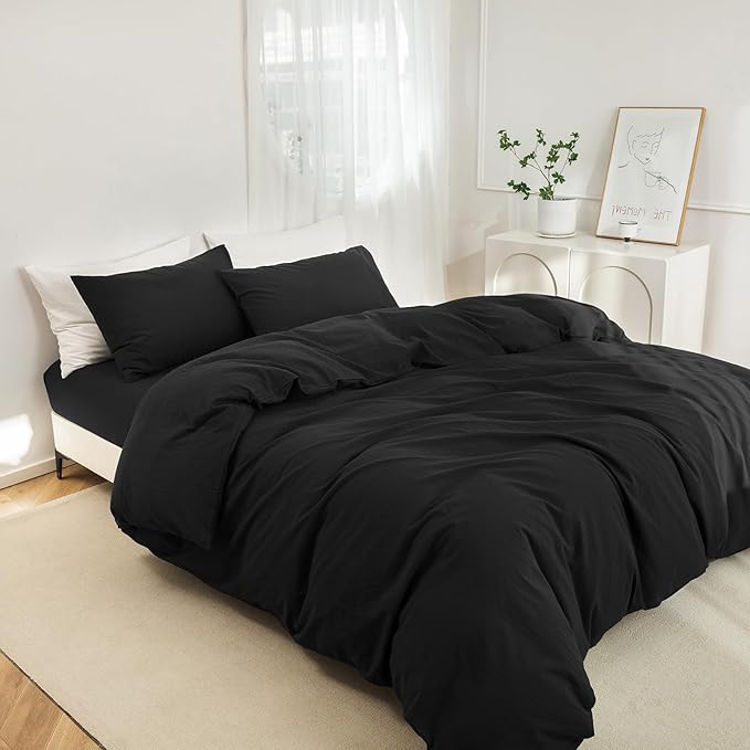 JIYUAN 100% Washed Cotton Duvet Cover Set 3 Pieces King, 1 Duvet Cover 104x90 Inches(Comforter Not Included) and 2 Pillowcases,Linen Feel Bedding Set Comfy and Breathable,Black