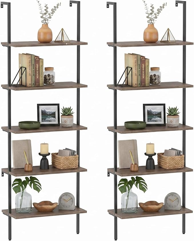 aboxoo Ladder Shelf 2PCS Open Bookshelf 5-Tier Wall-Mounted Wood Bookcase Rack