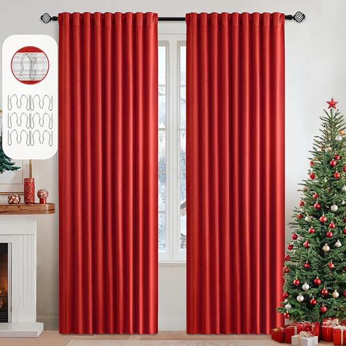 MIULEE Christmas Red Back Tab Blackout Curtains 90 Inches Long 2 Panels Set
