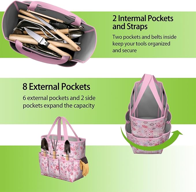 Floral Garden Tool Bag - Waterproof Garden Tote with 8 Pockets, Large Storage Home Organizer Gardening Tool Oxford Bag for Garden Tools Kits Holder, Ideal Outdoor Gardening Gift for Women & Men