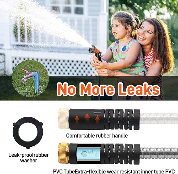 Besiter Garden Hose 50FT Stainless Steel Water Hose with 10 Functions Adjustable Spray Nozzle, Heavy-Duty Metal Garden Hose Flexible Durable No-Tangle & Kink Leak Dog Proof Hose for Yard Lawn(Orange)