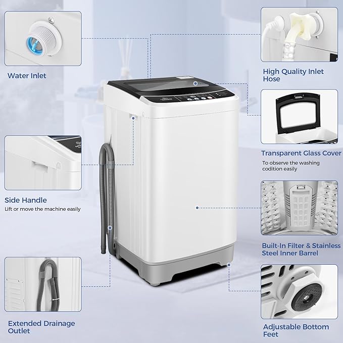 Nictemaw Portable Washing Machine 17.8Lbs 2.4 Cu.ft Full Automatic Washer Machine with 10 Programs and 8 Water Levels Small Washing Machine for Apartment, Rv, Home, Glass Cover