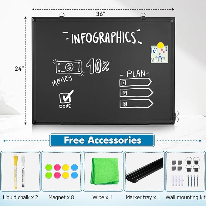Magnetic Chalk Board, 36“x24” Black Chalkboard Double-Sided Dry Erase Board