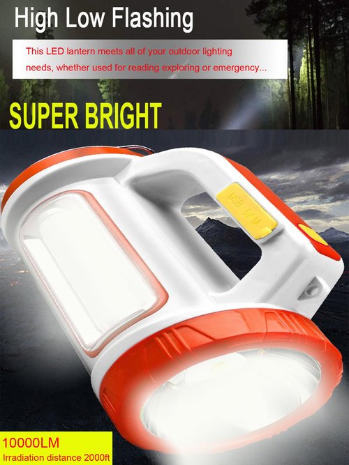 LED Searchlight, Solar Rechargeable Super Bright 10000LM Handheld Spotlight Lantern, Multifunctional LED Lamp Camping Flashlight, 5 Light Modes, IPX4 Waterproof, for Emergency