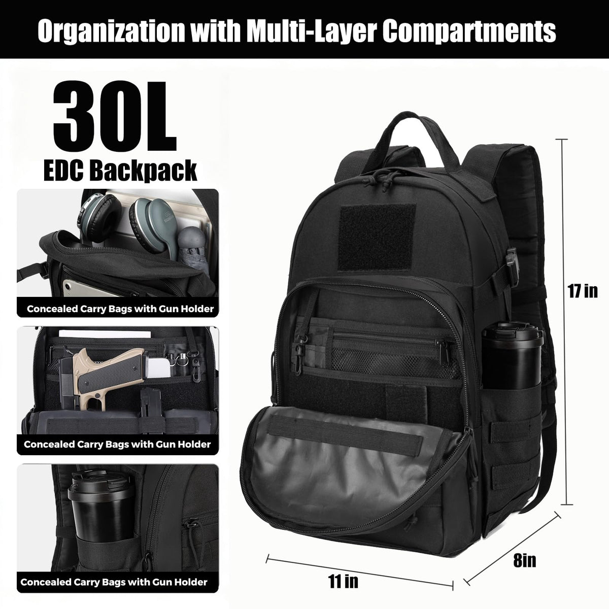 Miramrax Tactical Backpack for Men Military Backpacks with Holster Army 3 Days Assault Pack Bug Out Bag for Hiking Camping (Black)