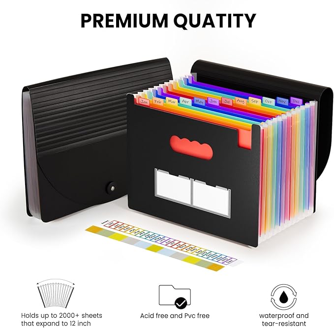 Sooez Accordion File Organizer, 13 Pockets Expanding File Folder, Portable Monthly Paper Bill Tax Receipt Organizer, Letter A4 Size Document Holder with Blank Labels