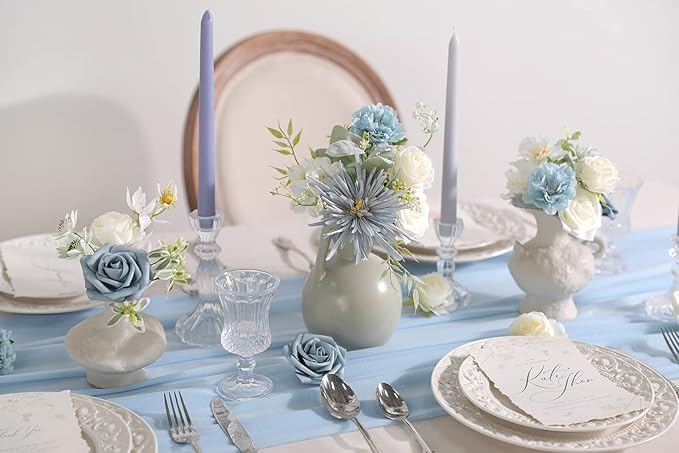 Artificial Flowers Combo Box Set Gradient Color Flower Leaf with Stems for DIY Wedding Bouquets Centerpieces Baby Shower Party Home Decor (Blue & White)