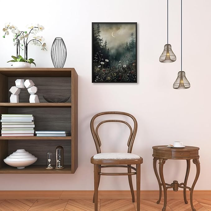 Dark Flower Field Poster Vintage Moody Academia Wall Art 12X16 inch Black