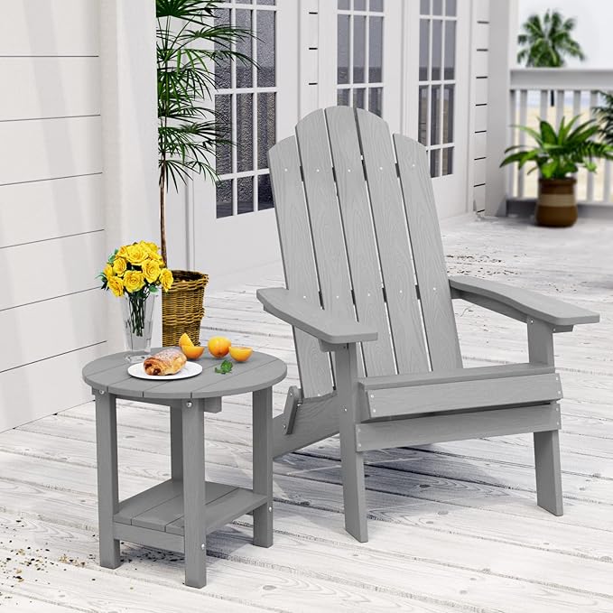 MXIMU Round Outdoor Side Table Adirondack Tables 18 Inch Chairside End Tables with Storage Shelf, 2-Tier Plastic Patio Side Table for Balcony Backyard Lawn (Grey, 1 Pack)