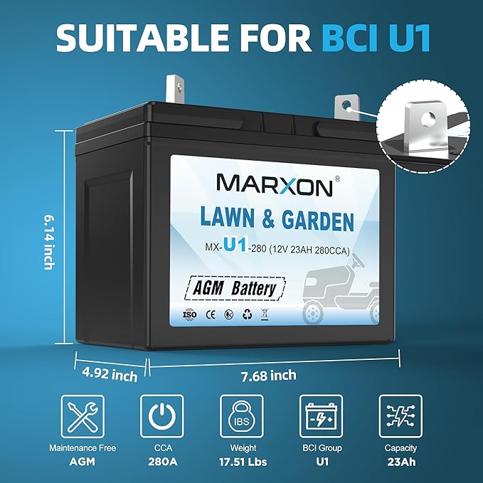 MARXON U1 280CCA Riding Lawn Mower Batteries, Garden Tractors Battery Maintenance Free AGM Battery, Compatible with Troy-Bilt, John Deere, Toro, Cub Cadet, Craftsman, Ariens, Poulan Pro