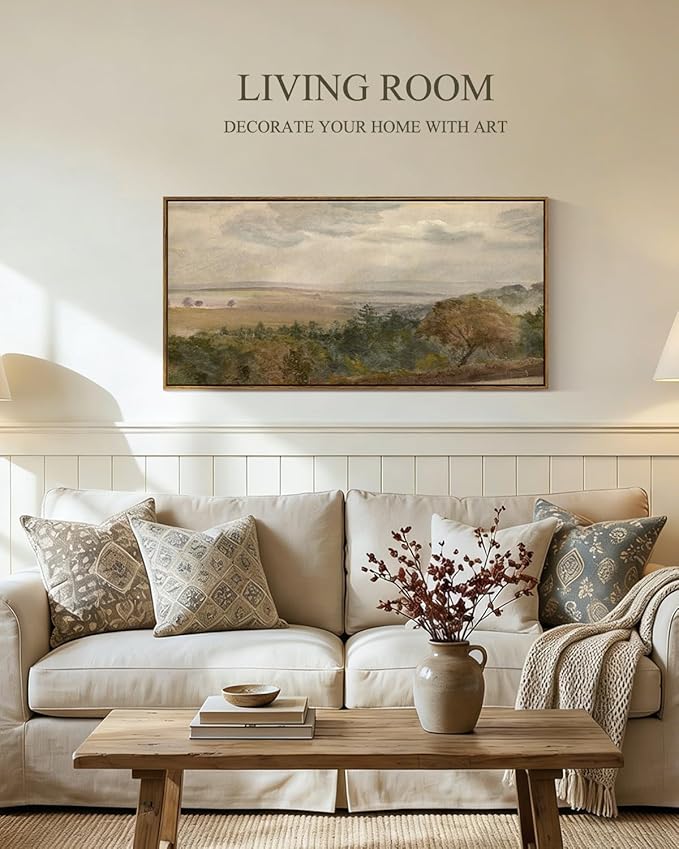 InSimSea Extra Large Framed Vintage Wall Art, Living Room Country Farmhouse Decor, Soft Pastel Hill Sky Landscape Canvas Prints, Retro Scenery Long Picture for Bedroom Above of Bed, 20x40inch