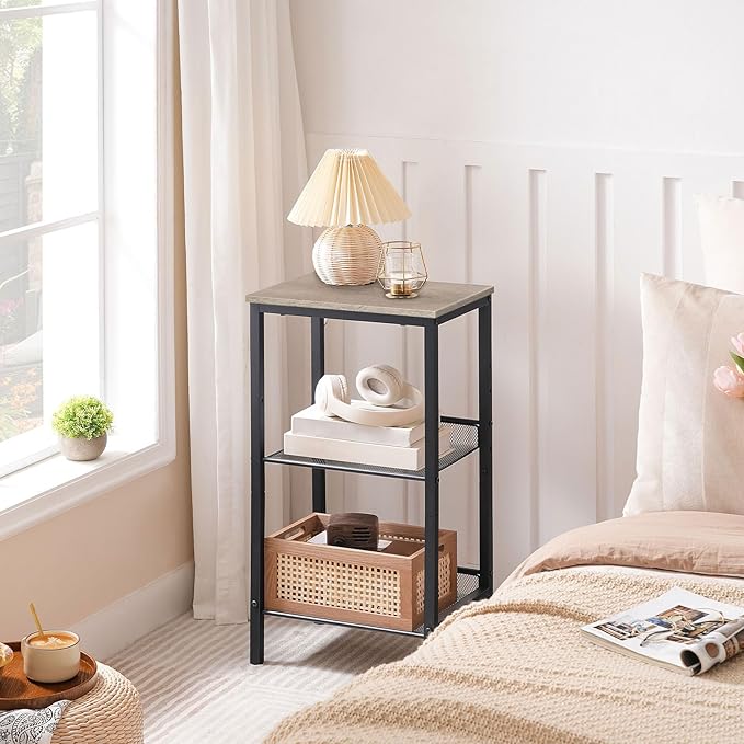 HOOBRO Tall Side Table, 3-Tier Telephone End Table with Adjustable Mesh Shelves, Small Entryway Table with Storage, Small Nightstand for Living Room, Bedroom, Hallway, Office, Greige BG01DH01G1