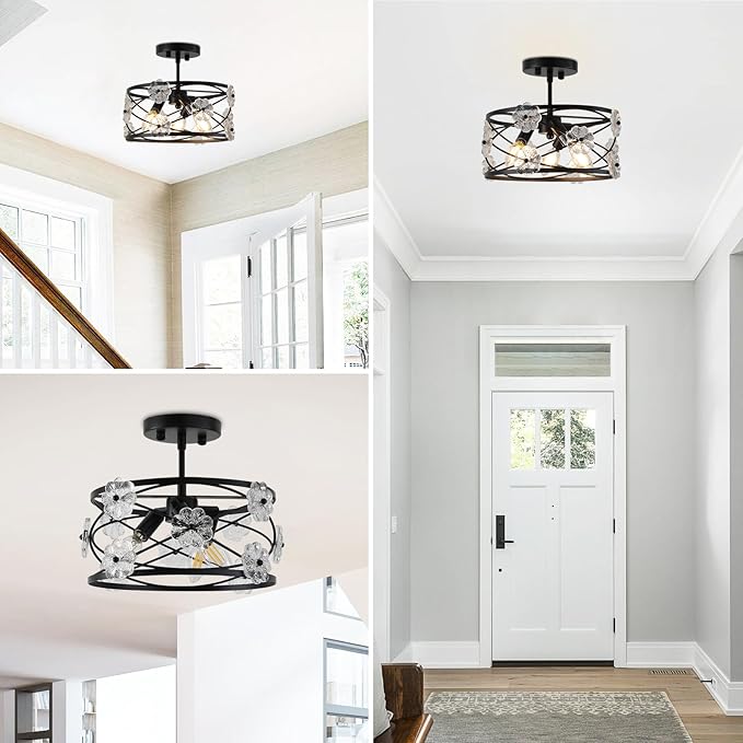 12.6" Semi Flush Mount Ceiling Light 3-Lights Drum Black Ceiling Lighting Vintage Industrial Modern Crystal Flower Light Fixture for Bedroom, Entryway, Kitchen, Dining Room, E12