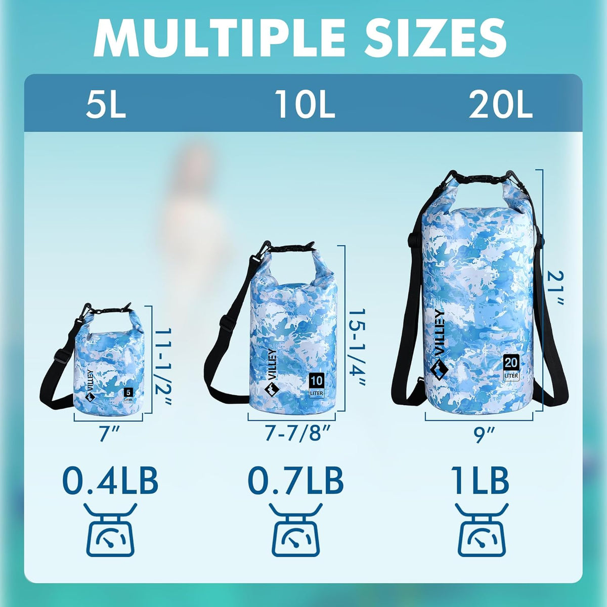 VILLEY Waterproof Dry Bag - 10L Roll Top Backpack for Kayaking, Boating & Camping | Blue Camo Design