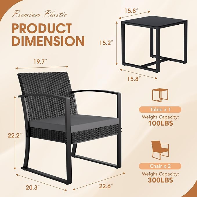 Homall Resin 3 Pieces Patio Furniture Set, Outdoor Bistro Set with Cushions and Glass Table, Conversation Set Rattan Chair for Porch, Balcony, Poolside, Garden (Grey)