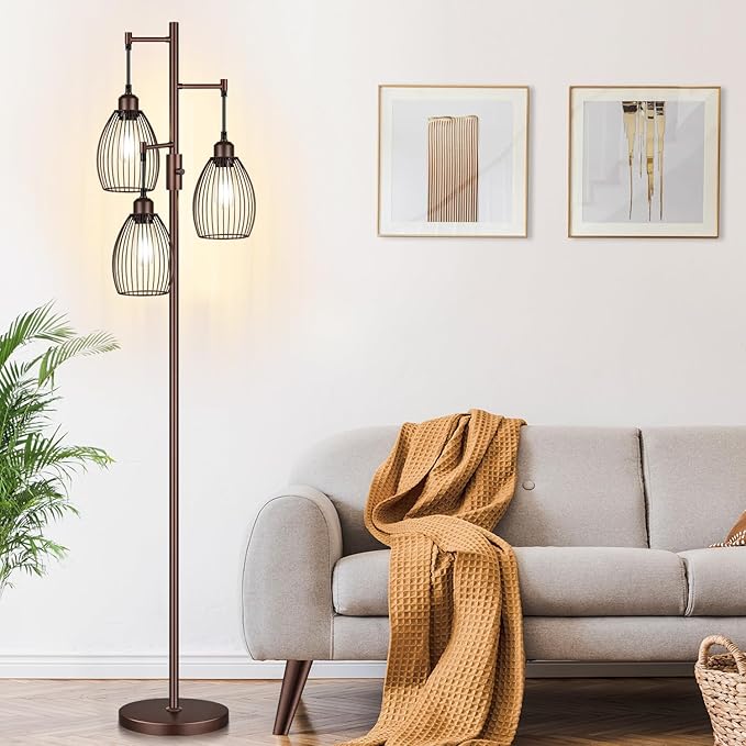 Torondo Dimmable Farmhouse Industrial Floor Lamp, Matte Brown Tree Standing Tall Lamps with 3 Elegant Teardrop Cage Head & 800 Lumens LED Edison Bulbs for Living Room Bedroom Office Dining Room