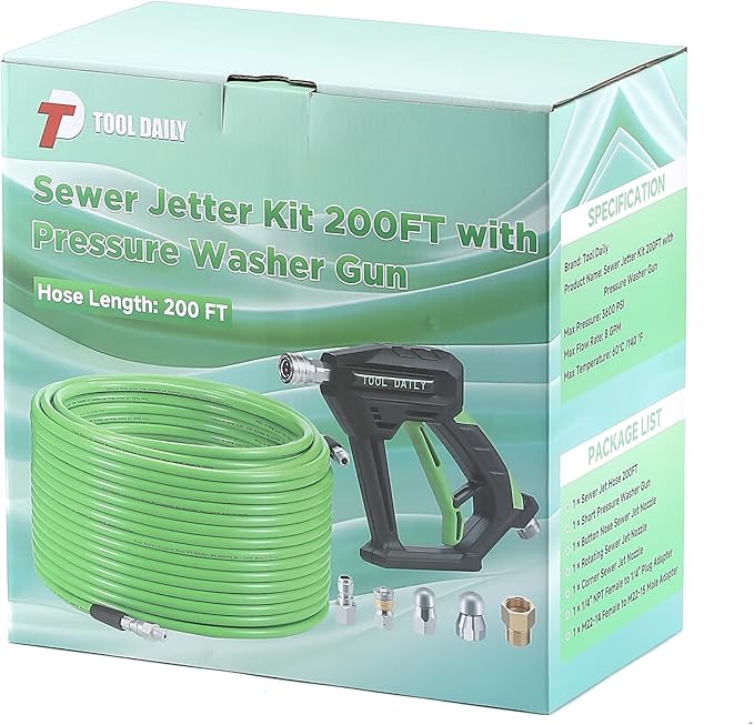 Tool Daily Sewer Jetter Kit for Pressure Washer 200 FT, Short Power Washer Gun, Drain Cleaner Hose 1/4 Inch NPT, Corner, Rotating and Button Nose Sewer Jet Nozzle, 3600 PSI