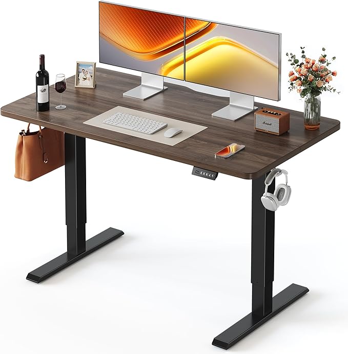 FEZIBO 48 x 24 Inchs Electric Standing Desk, Height Adjustable, Sit Stand Up, Computer Office Desk with Splice Board, Black Frame/Black Walnut Top