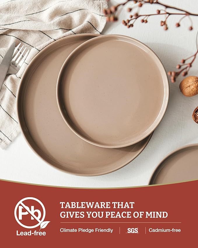 Famiware Milkyway Stoneware Dinnerware Sets with Pasta Bowls, Service for 4 (16 Pieces), Plates and Bowls Sets -Scratch Resistant, Microwave and Dishwasher Safe Dishes Set, Cinnamon Brown