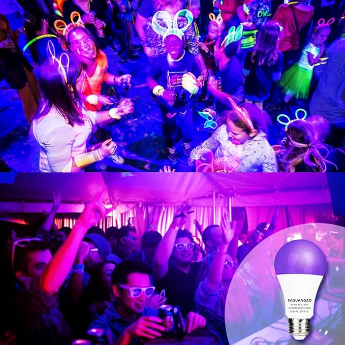 FAGUANGAO LED Black Light Bulb,12W(100Watt Equivalent) A19 UV Blacklight Bulb,120V,UVA Level 390-400nm,E26 Medium Base,Glow in The Dark for Blacklight Party,Fluorescent Poster,Neon Glow(6 Pack)