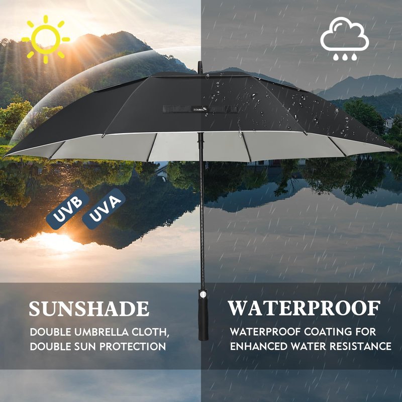 ZOMAKE Large Golf Umbrella UV Potection,62 Inch UV Blocking SPF Umbrellas for Sun Protection Windproof Heavy Duty Vented Double Canopy(Black,Silver)