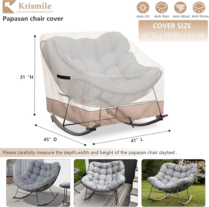 Outdoor Rocking Chair Cover, Heavy Duty Waterproof Papasan Chair Cover with Split Zipper, Easy to use, Beige